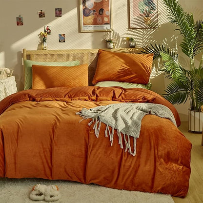 Pureant Burnt Orange Fluffy Comforter Set California King Rust Velvet Bedding Comforter Sets Cal King for Women Girls Solid Terracotta Flannel Blankets Plain Rust Caramel Comforter Reddish Brown Bed