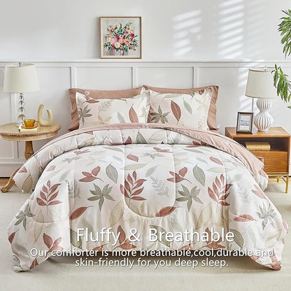 AIKASY 6-Piece Comforter Set Bed in a Bag, Beige Leaf Pattern Bedding Set with Comforter, Soft and Cozy All-Season Bedroom Decor (Twin, Beige)