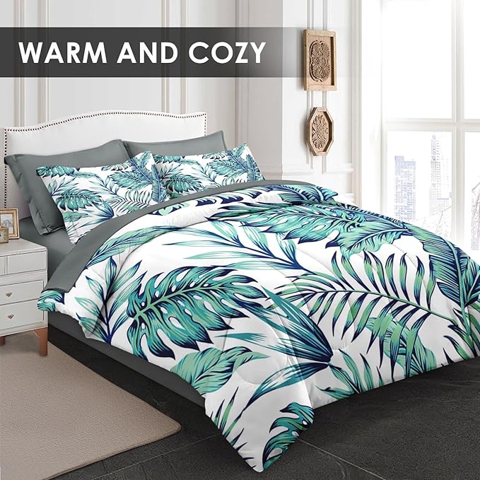 Comforter Set Full Size, Blue Green 7 Pcs Bedding for Kids and Adults, Tropical Palm Leaf Bed Sheet Sets with Fitted Sheet 2 Pillowcases & 2 Shams for Bedroom Bed Decor