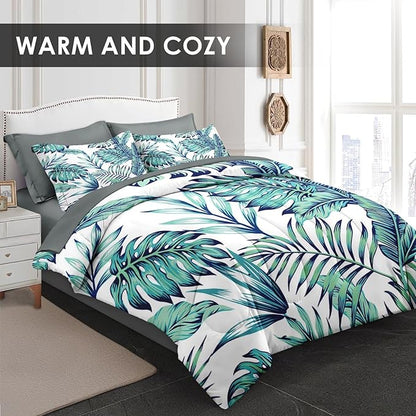 Comforter Set Twin Size, Blue Green 5 Pcs Bedding for Kids and Adults, Tropical Palm Leaf Bed Sheet Sets with Fitted Sheet Pillowcases & Shams for Bedroom Bed Decor
