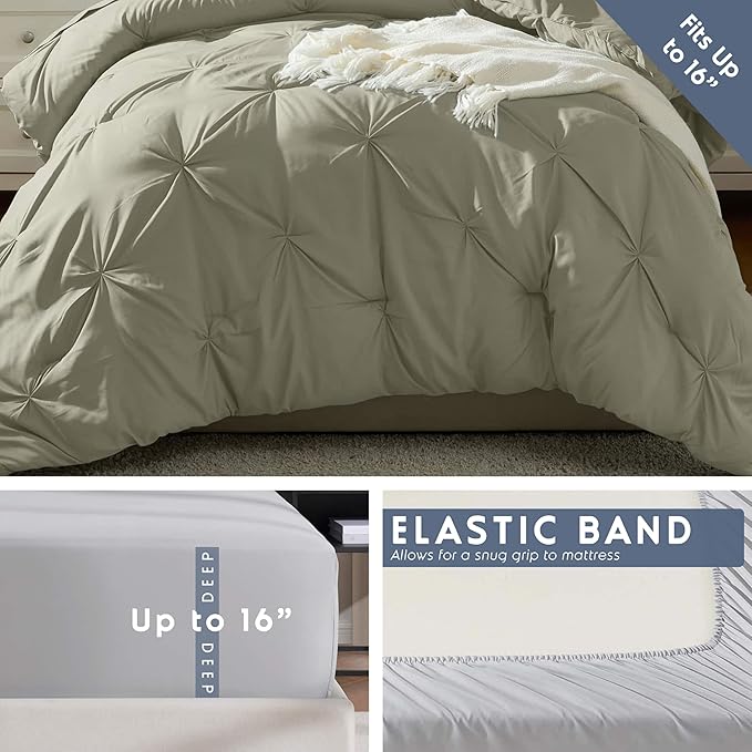 Nestl Twin Comforter Set 5 Piece, Pintuck Twin Bedding Set Light Sage, College Dorm Room Essentials for Girls and Boys Bed in a Bag Twin All Season, Twin Comforter Set with Sheets, Pillowcase and Sham