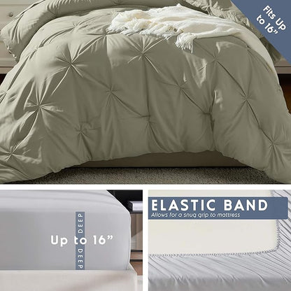 Nestl Twin Comforter Set 5 Piece, Pintuck Twin Bedding Set Light Sage, College Dorm Room Essentials for Girls and Boys Bed in a Bag Twin All Season, Twin Comforter Set with Sheets, Pillowcase and Sham