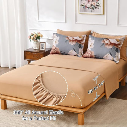 Dobuyly Floral Comforter Set Queen, Brown Flower Printed on Grey Comforter Set with Sheets, 7 Piece Botanical Bed in a Bag, Soft Microfiber Farmhouse Bedding Set for All Season