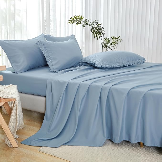 Andency Queen Comforter Set with Sheets Grayish Blue -7 Pieces Boho Tassel Bed in a Bag Soft Lightweight Bedding Sets, All Season Fringe Bed Set with Comforter, Sheets, Pillowcases & Shams