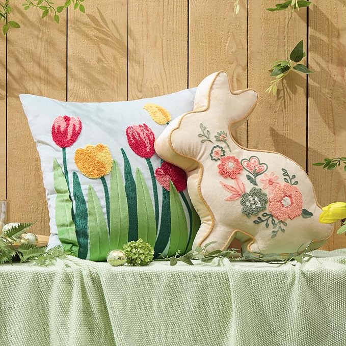 Phantoscope Happy Easter Bunny Shaped Throw Pillow, Embroidered Floral Patterns Cushion Soft Velvet Easter Rabbit Decorative Pillow for Couch Living Room Bed, Beige,18.5 x 13 inches