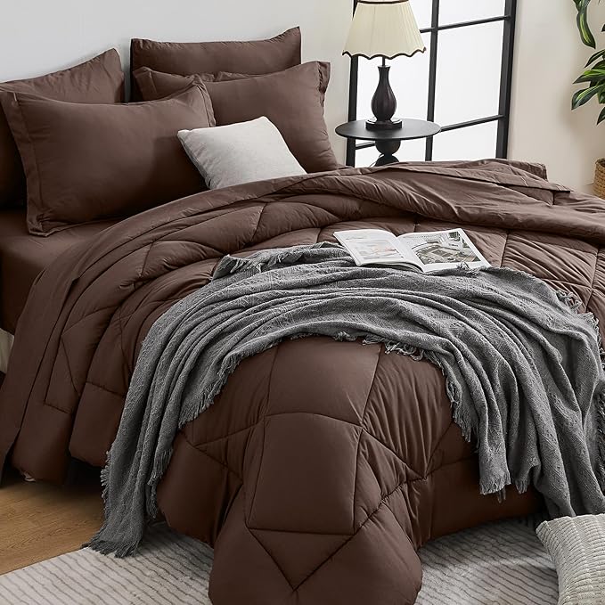 HEVUMYI Brown Full Comforter Set - 7-Piece All Season Bed in a Bag Full, Ultra Soft Bedding Set with Comforter, Flat Sheet, Fitted Sheet, Pillowcases, Pillow Shams