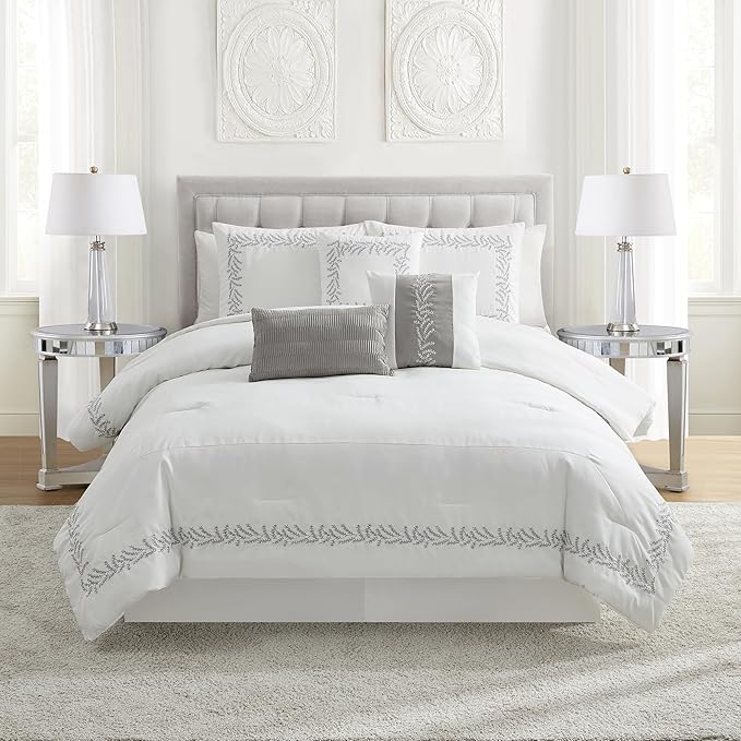 King Size Comforter Set 7-Piece Embroidered Faux Suede Bedding – Soft, Elegant & Complete Bedding Set with 1 Comforter, 2 Pillow Shams, 1 Bed Skirt, and 3 Decorative Throw Pillows, King, White