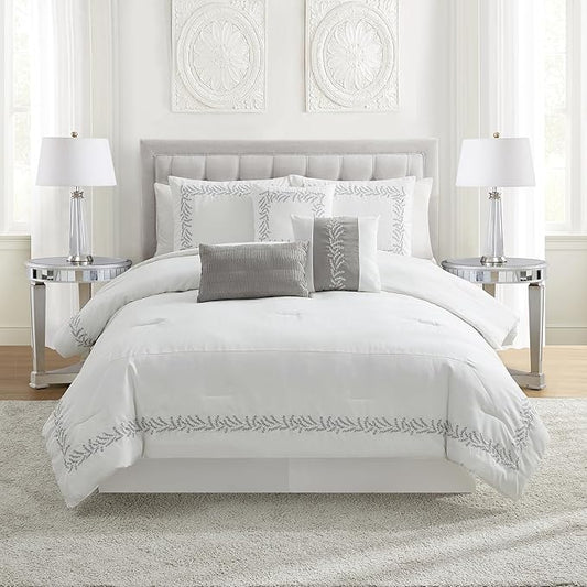 King Size Comforter Set 7-Piece Embroidered Faux Suede Bedding – Soft, Elegant & Complete Bedding Set with 1 Comforter, 2 Pillow Shams, 1 Bed Skirt, and 3 Decorative Throw Pillows, King, White
