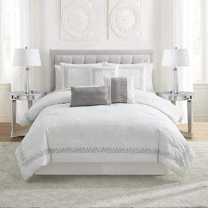 Queen Comforter Set 7-Piece Embroidered Faux Suede Bedding – Soft, Elegant & Complete Bedding Set with 1 Comforter, 2 Pillow Shams, 1 Bed Skirt, and 3 Decorative Throw Pillows, Queen, White