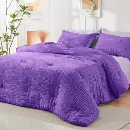 HYMOKEGE Dark Purple/Lavender Full Size Comforter Sets Seersucker 7 Pieces, All Season Luxury Bed in a Bag for Bedroom, Bedding Set with Comforter, Sheets, Pillowcases & Shams