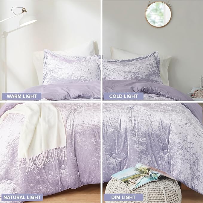 Comfort Spaces Juliette Luxe Comforter Set Velvet Lush with Soft Brushed Microfiber Reverse, All Season Cozy Velvet Bedding Sets, Fluffy Comforter Bed Set, Matching Sham, Purple King 3 Piece