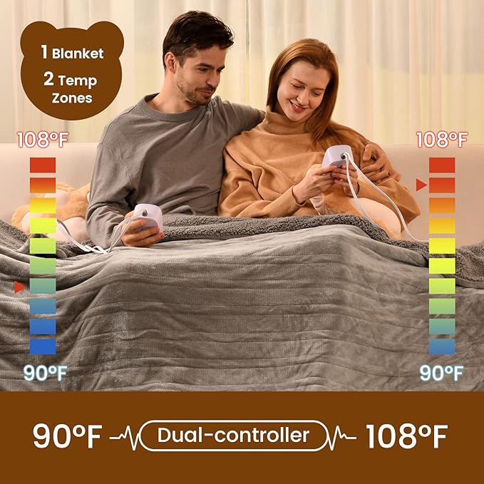Bearhug Electric Blanket Queen Size 84" x 90", Dual Controllers Heated Blanket, Velvet & Sherpa, 10-Heating Level & 1-12H Auto Off, Taupe, Over-Heat Protect, ETL, Machine Washable