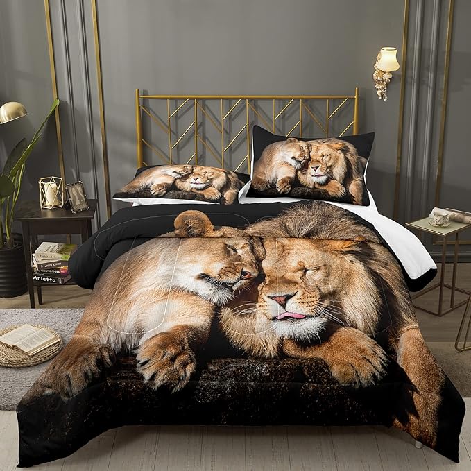 Bodhi Lover Couple Lion Comforter Set Queen Soft Microfiber Lion Bedding Set Queen Size Animal Comforter Set with Pillowcases,1 Comforter+2 Pillow Shams #4004