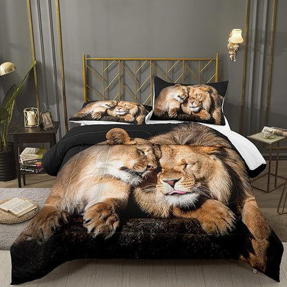 Bodhi Lover Couple Lion Comforter Set Twin Soft Microfiber Lion Bedding Set Twin Size Animal Comforter Set with Pillowcases,1 Comforter+1 Pillow Shams #4004