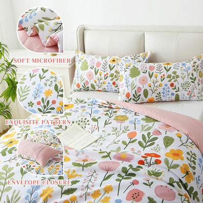 Queen Comforter Set Pink 3 Pieces Bed in a Bag, Colorful Floral Bedding Sets Elegant Botanical Bed Set, Lightweight Soft Comforter with 2 Pillowcases for All Season