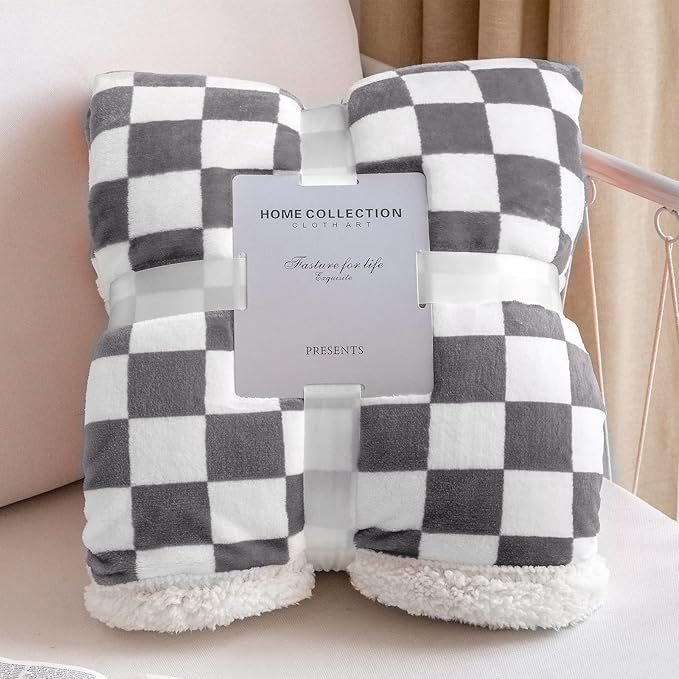 LOMAO Sherpa Throw Blanket Fleece Blanket with Checkered Pattern Soft Thick Blanket for Couch, Bed, Sofa Luxurious Warm and Cozy for All Seasons (Grey, 51"x63")