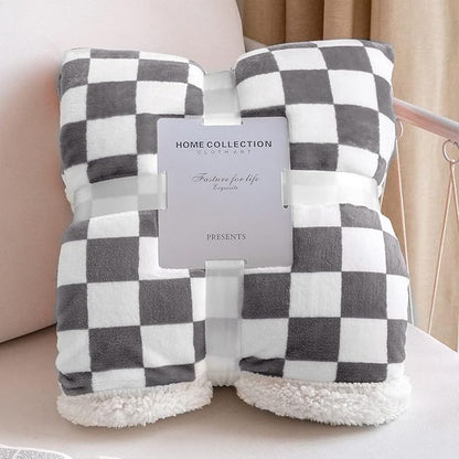 LOMAO Sherpa Throw Blanket Fleece Blanket with Checkered Pattern Soft Thick Blanket for Couch, Bed, Sofa Luxurious Warm and Cozy for All Seasons (Grey, 51"x63")