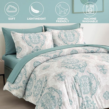 WONGS BEDDING Aqua Comforter Set Queen Size, Damask Texture 7 Pieces Bed in a Bag Microfiber Bohemian Comforter Bedding Sheet Set with Comforter, Flat Sheet, Fitted Sheet,Pillow Shams,Pillowcases