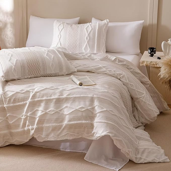 Houseri Tufted Comforter Set Queen Beige Jacquard Bedding Sets