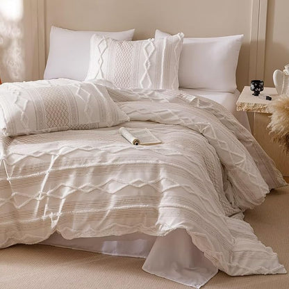 Houseri Tufted Comforter Set California King Beige Jacquard Bedding Sets