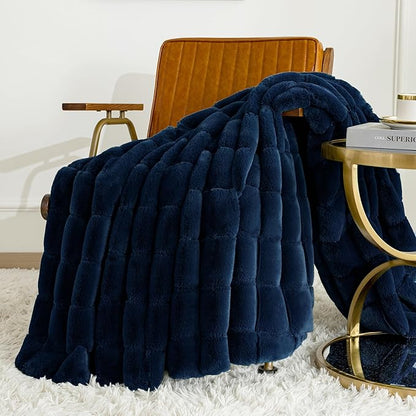 Touchat Faux Fur Throw Blanket, Luxury 1000GSM Ultra Thick Warm Rabbit Blanket for Couch Bed Sofa, 3D Checkered Pattern Soft Winter Heavy Minky Fluffy Blankets for Women Christmas Birthday Gift, Blue