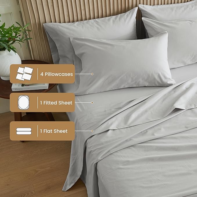 Simple&Opulence Belgian Linen Sheet Set Solid Color - 6 Pieces (1 Flat Sheet & 1 Fitted Sheet & 4 Pillowcases) 16" Deep Pocket Natural Flax Cotton Blended Soft Bedding - Khaki Grey, Queen Size