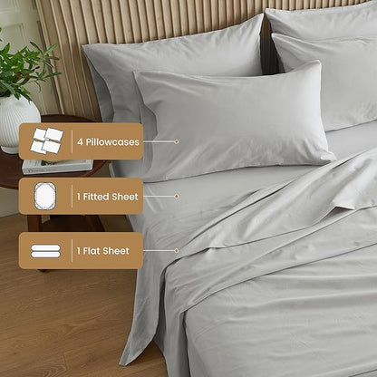 Simple&Opulence Belgian Linen Sheet Set Solid Color - 6 Pieces (1 Flat Sheet & 1 Fitted Sheet & 4 Pillowcases) 16" Deep Pocket Natural Flax Cotton Blended Soft Bedding - Khaki Grey, Queen Size