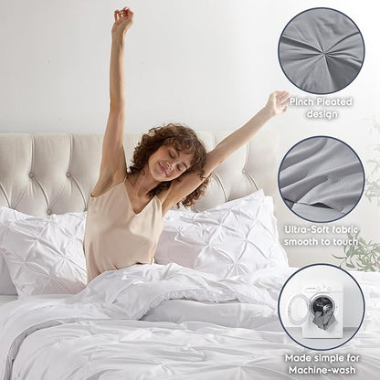 Nestl Queen Comforter Set 7 Piece - Pinch Pleated Comforters Queen Size White, Bed in a Bag Queen All Season, Queen Size Comforter Sets Bedding with Flat Sheet and Fitted Sheet, Pillowcases and Shams