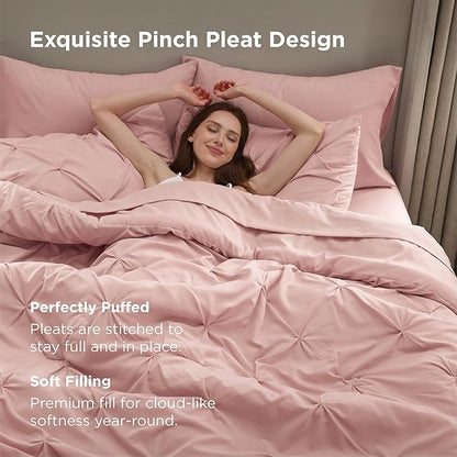 Bedsure King Size Comforter Set Pink - Bed in a Bag Bedding Set 7 Pieces, GentleSoft™ Pintuck Bed Set Gift for Family, Pinch Pleat Pink Comforter with Sheets, Pillowcases & Shams