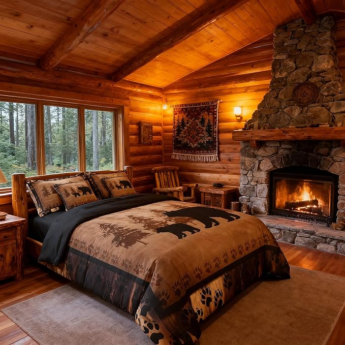Feelyou Bear Comforter Set Twin Size 7 Pcs Cabin Lodge Bed in a Bag Rustic Wild Animals Bedding Farmhouse Hunting Bed Set with Sheets, Pillowcases, Pillow Covers