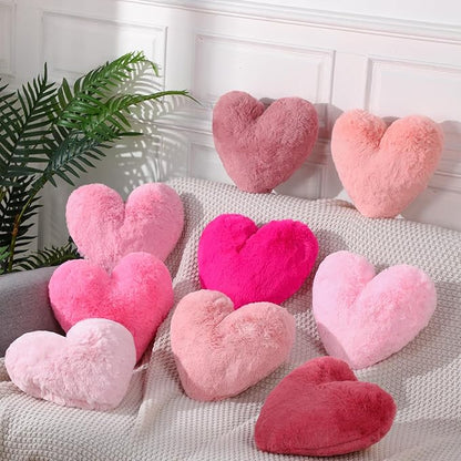 9 Pcs Pink Series Heart Pillow Faux Rabbit Fur Fluffy Love Heart Throw Pillows Cute Decorative Soft Throw Cushion Gift for Women Couch Bed Sofa Chair Home 11 in