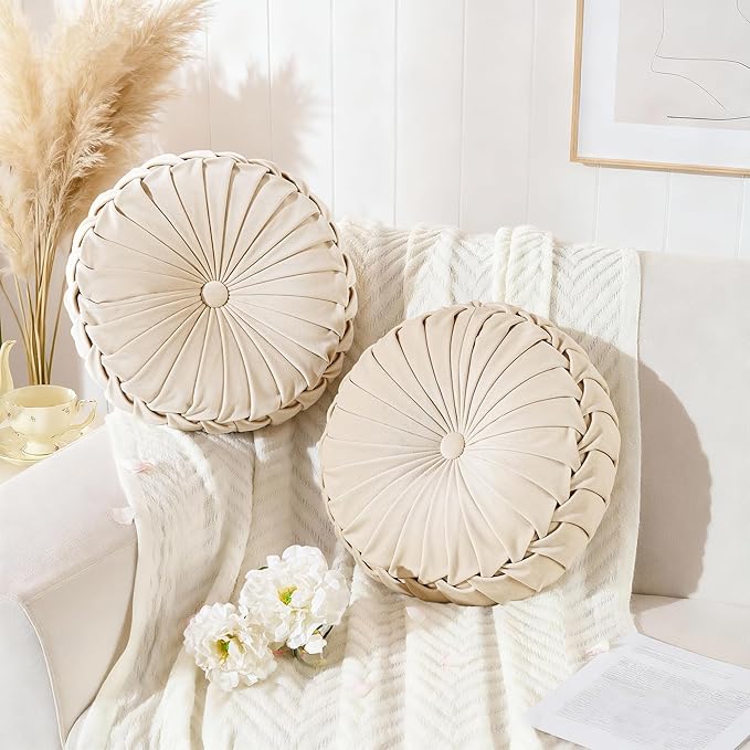 ROSE&RISY Round Pleated Velvet Throw Pillows, 2 Pcs Decorative Accent Pumpkin Pillow Cushion for Couch Sofa Chair Bed Car Home Decor (14.5 Inch, Cream)