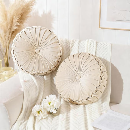 ROSE&RISY Round Pleated Velvet Throw Pillows, 2 Pcs Decorative Accent Pumpkin Pillow Cushion for Couch Sofa Chair Bed Car Home Decor (14.5 Inch, Cream)
