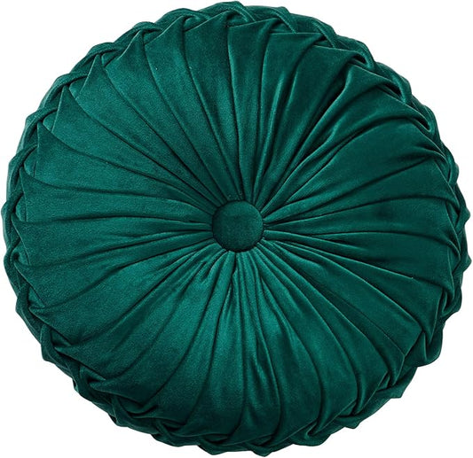Round Throw Pillow Velvet Home Decoration Soft Pleated Pumpkin Round Floor Cushion for Couch Chair Bed Car Decorative(Dark Green14inch)