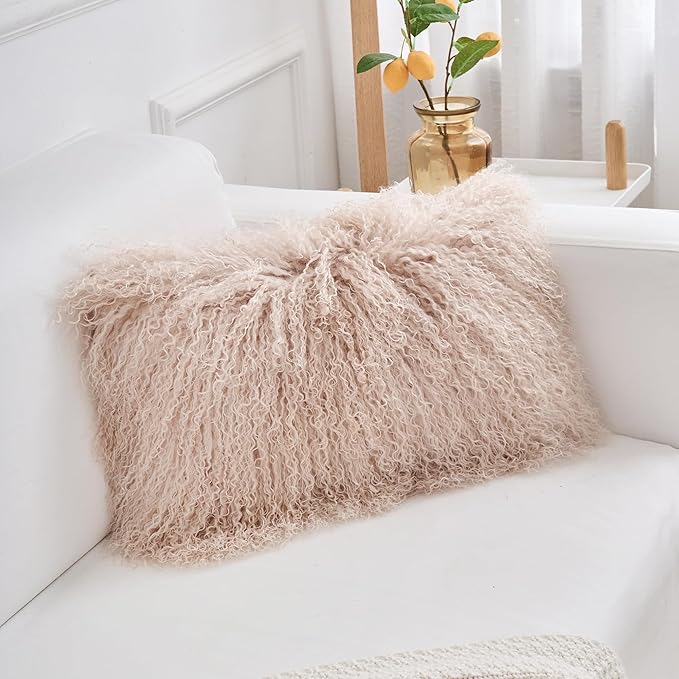 Genuine Mongolian Lamb Fur Pillow Cover – 12"x20" Rectangular Cushion Case – Soft Curly Wool Decorative Accent for Sofa, Bed, or Chair (Dusty Pink)