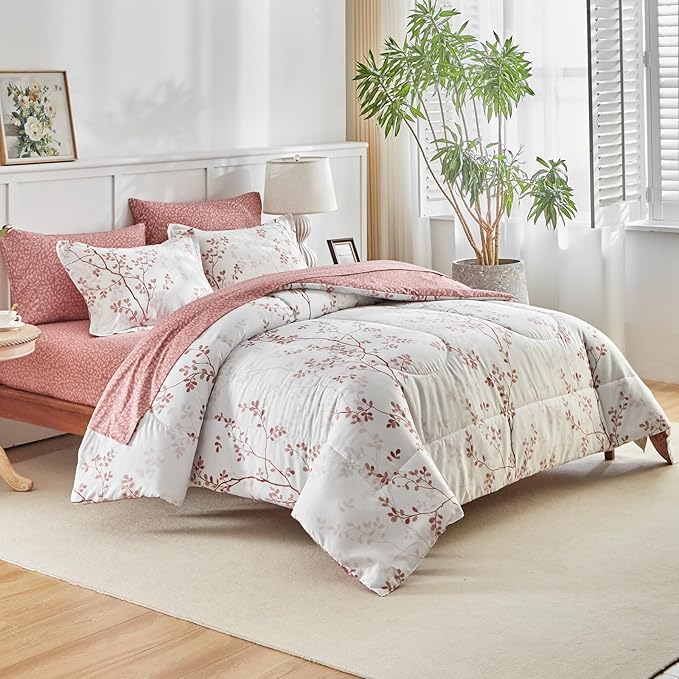 AIKASY King Comforter Set 7 Pieces- Soft Microfiber, Reversible Cute Floral Bedding Comforter Sets (1 Comforter, 2 Pillow Shams, 1 Flat Sheet, 1 Fitted Sheet, 2 Pillowcases)