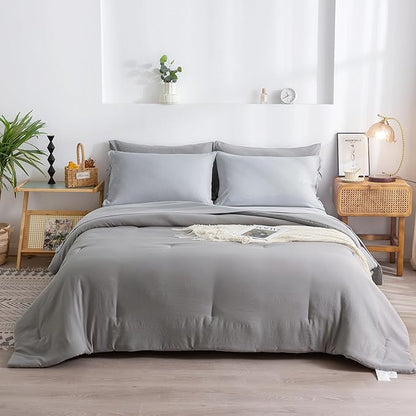 COTTEBED Super Soft King Size Comforter Set with Sheets - 7 Pieces King Bed in A Bag Modern Farmhouse Solid Polycotton Dark Gray Conforter and Light Grey Bedding Sheet Set Pillow Shams All Season Use
