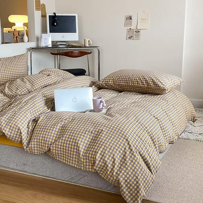 mixinni Yellow/Purple Gingham Comforter Set Queen, Plaid Comforter Set 3 Pieces 1 Vintage Grid Comfoter with 2 Pillow Cases for All Seasons, Soft Fluffy Modern Grid Pattern Printed Bedding-Queen Size