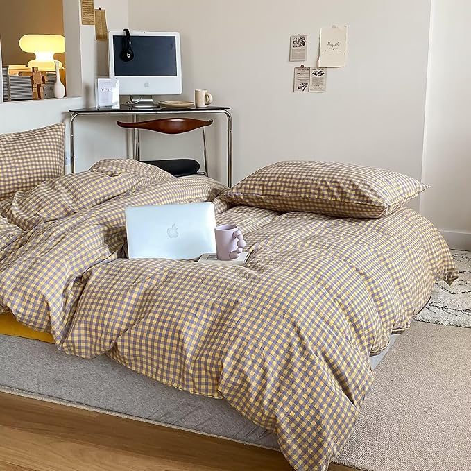 mixinni Yellow/Purple Gingham Comforter Set Full, Plaid Comforter Set 3 Pieces 1 Vintage Grid Comfoter with 2 Pillow Cases for All Seasons, Soft Fluffy Modern Grid Pattern Printed Bedding-Full Size