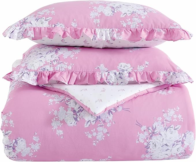 Shabby Chic® - Queen 3-Piece Comforter Set, Reversible Cotton Bedding with Matching Shams, Elegant Floral Home Decor for All Seasons (Brynn Pink, Queen)