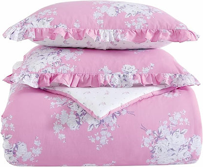 Shabby Chic® - Queen 3-Piece Comforter Set, Reversible Cotton Bedding with Matching Shams, Elegant Floral Home Decor for All Seasons (Brynn Pink, Queen)