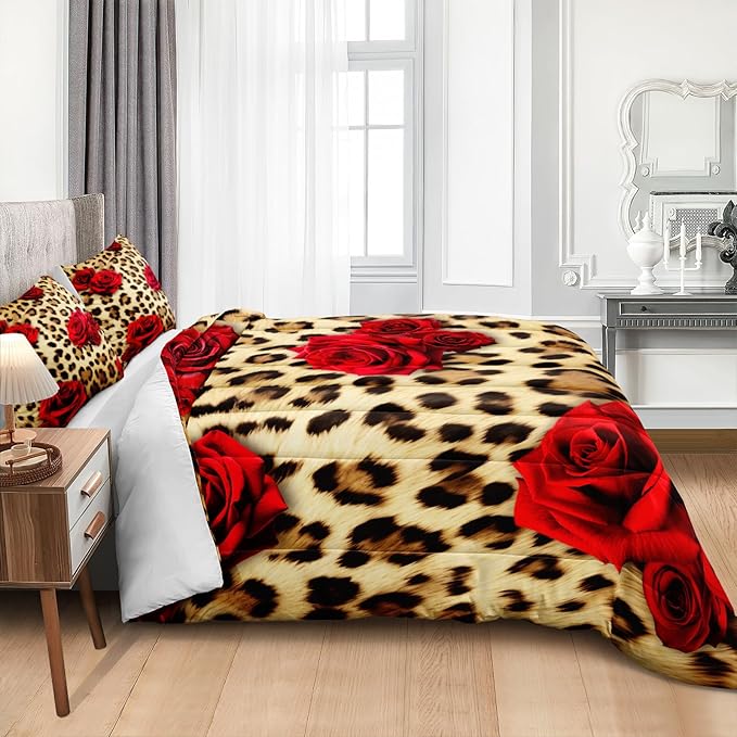 MOVE OVER Leopard Comforter Set California King Red Rose Flower Bedding Set 4 Pieces Cheetah and Rose Flower Printed Design Romantic Comforter Set for Women and Female Leopard Printed Bedding Set
