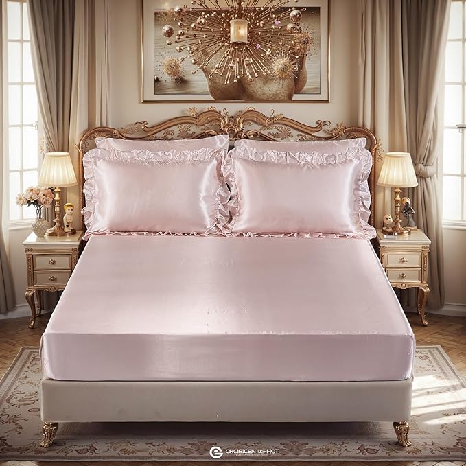 Luxury Silky Comforter Set with Sheet Set Queen 8 Pieces Light Pink Bedding Set Silk Like Satin Ruffle Pattern Home Deocr Sexy Hotel Silky Bed Set with 1 Cushion Cover