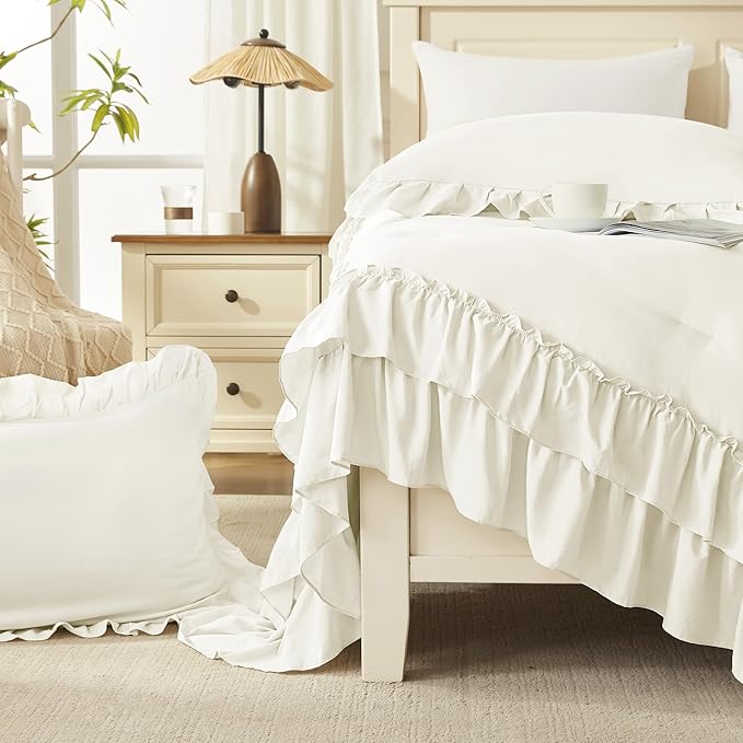 Andency Ivory Ruffle Comforter Set Oversized King, Shabby Chic Solid Bedding Set 3 Pieces, Lightweight Soft Bet Set 120x98 for Girls Women (1 Comforter 2 Pillowcases)