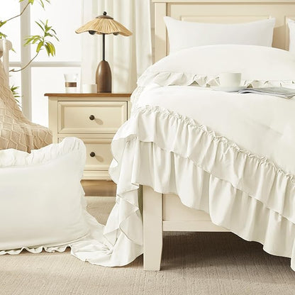 Andency Ivory Ruffle Comforter Set Oversized King, Shabby Chic Solid Bedding Set 3 Pieces, Lightweight Soft Bet Set 120x98 for Girls Women (1 Comforter 2 Pillowcases)