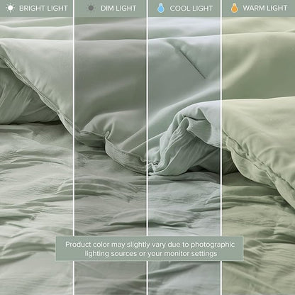 Comfort Spaces Comforter for Queen Size Bed, Ogee Ruched with Crinkle Texture, Breathable Comforter Set Queen, All Season Lightweight Bedding Set, Shams, Décor Pilow, Full/Queen Green 4 Piece