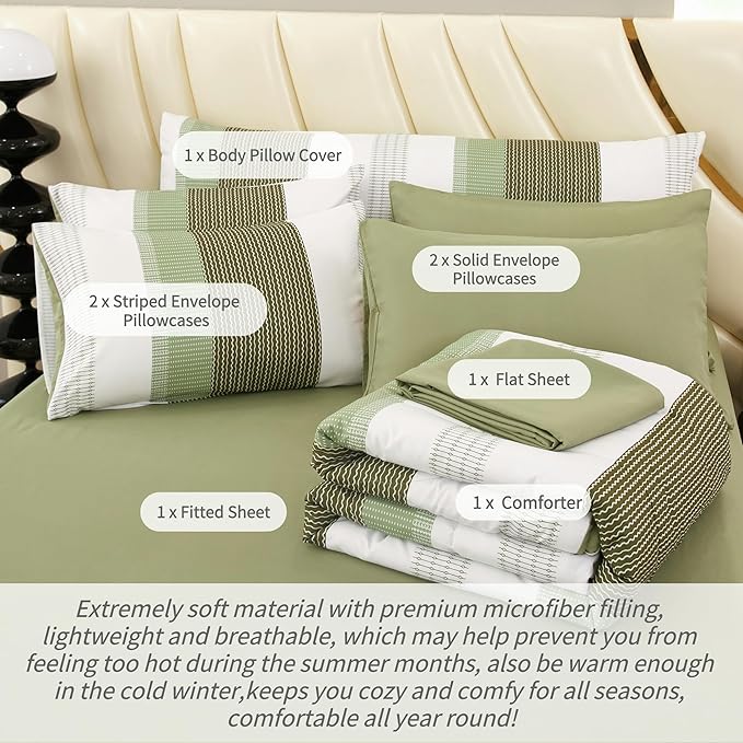 RYNGHIPY Olive Green Striped Bed Sets: 8 Pieces Soft Lightweight Bed in A Bag Queen Size Microfiber Down Alternative Comforter Sets with Corner Loops (Queen,Olive Green)