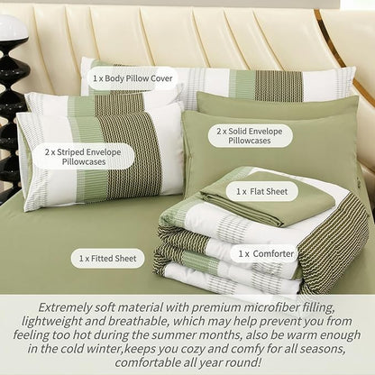RYNGHIPY Olive Green Striped Bed Sets: 8 Pieces Soft Lightweight Bed in A Bag Queen Size Microfiber Down Alternative Comforter Sets with Corner Loops (Queen,Olive Green)