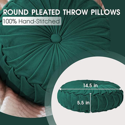 ROSE&RISY Round Pleated Velvet Throw Pillows, 2 Pcs Decorative Accent Pumpkin Pillow Cushion for Couch Sofa Chair Bed Car Home Decor (14.5 Inch, Teal)