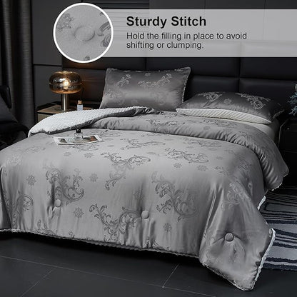 Jacquard Comforter Set - Luxury Warm Paisley Floral Pattern Full Size Bedding with 2 Pillowcases All-Season Soft & Lightweight 3D Bubble Design Bed Set (80x90 Inches Grey)